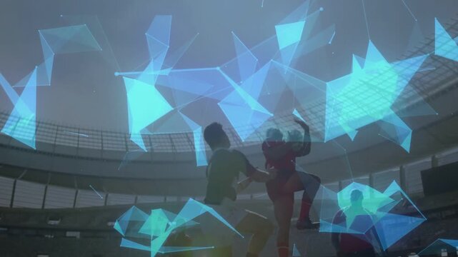 Rugby players sprinting at kickoff on pitch, forming scrum to win ball with animated blue overlay