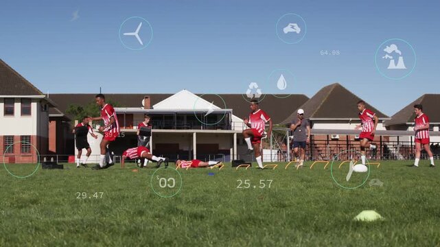 Team after coach cue, running ladder drills, hopping hurdles, HUD showing sports metrics for speed