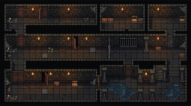 Pixel art dungeon map vector, retro 8-bit game level design with stone corridors and prison cells, dark fantasy underground labyrinth background