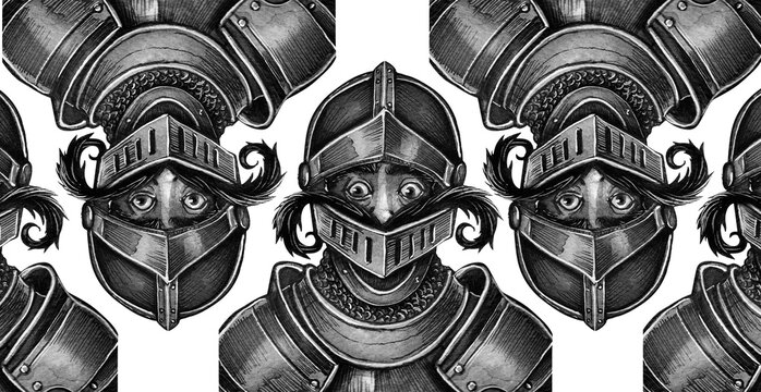 Hand drawn medieval knight pattern, traditional black and white graphic illustration with repeating armored warrior portraits