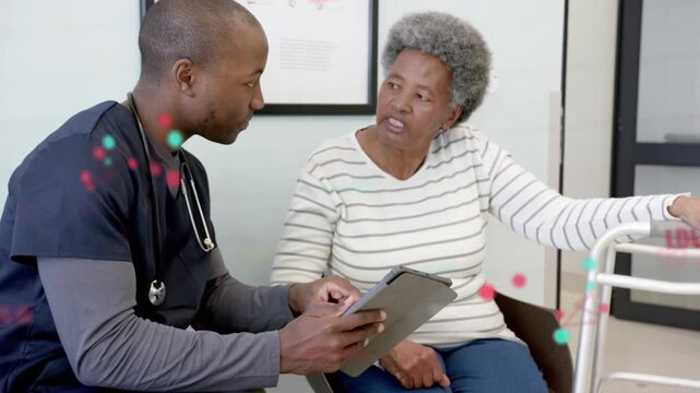Nurse tapping tablet explaining care in clinic, patient holding walker asking as overlays appearing