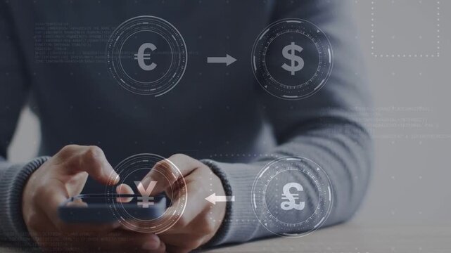 Man bringing phone in and tapping, animated HUD circling currency UI and selecting yen for exchange