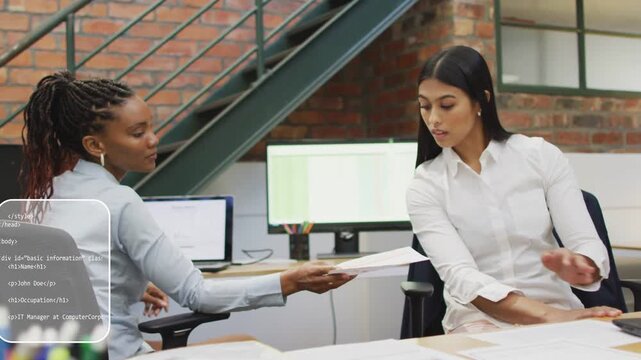 Left woman handing spreadsheet to right woman, UI overlays highlighting data for business review