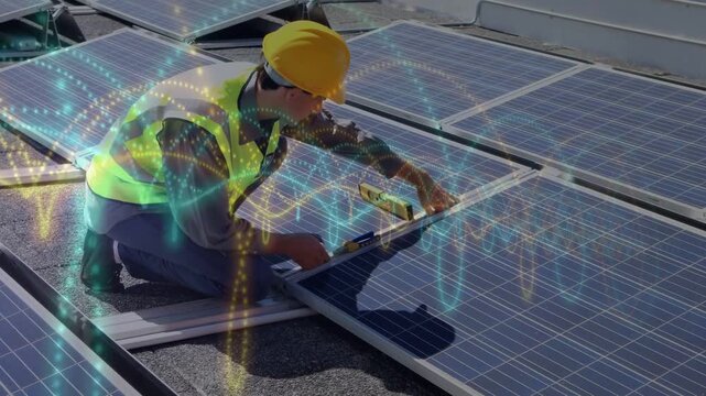 Rooftop tech placing level, aligning solar panels, animated waves overlaying hands ensuring fit