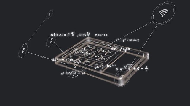 On load clear 3D calculator rotating, WiFi nodes emerging, formulas forming to show math network