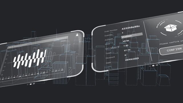 Panel emerging over wireframe city panels sliding showing calendar order charts map for tracking