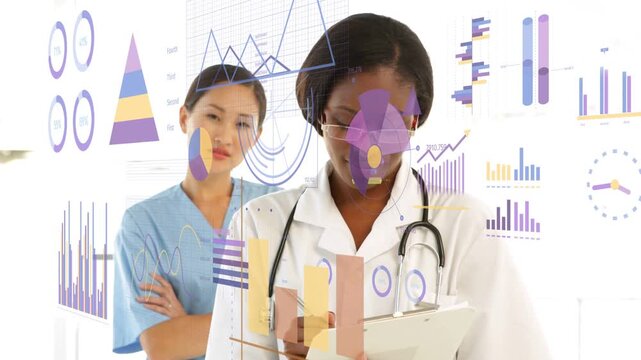 Doctor noting while nurse uncrossing and grabbing clipboard, animated charts driving medical review