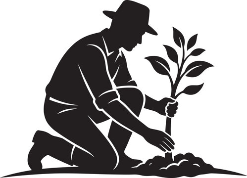 Gardener Planting Tree Silhouette SVG, Farmer Growth Vector, Arbor Day Clipart, Sapling Cut File SVG
