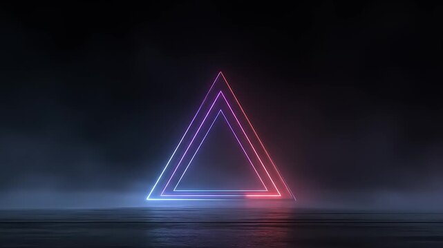 A glowing neon triangle in three colors, layered, in a dark, misty environment, on a surface