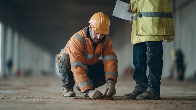 
Construction worker measuring floor level during building construction
