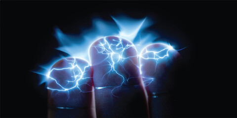 A glowing 3d electric sphere flashes with blue light and lightning as a digital hand holds the power of a magic light bulb, blending science and technology in a star-filled space illustration © MRIDUL