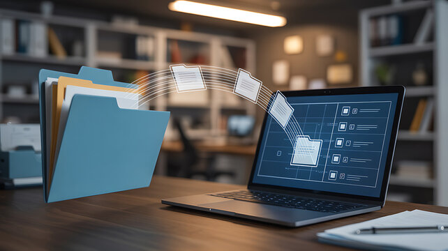 Blue file folder transferring documents to laptop screen with digital interface data transfer