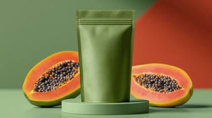 Obraz premium Green packaging pouch placed on a circular pedestal with halved papaya fruit showcasing seeds, against a colorful geometric background