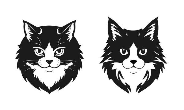 Collection of cat heads with different feline expressions. Set of pet portraits, kitten faces, animal silhouettes. Clean black and white vector illustration