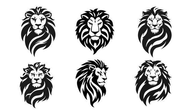 Set of lion head logo designs isolated on white. bold majestic emblems for branding and identity. lion logo, king symbol, wild animal,  premium badge