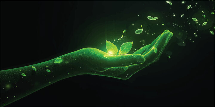 A glowing blue human hand reaching through dark smoke toward a light of energy and science-themed technology illustration