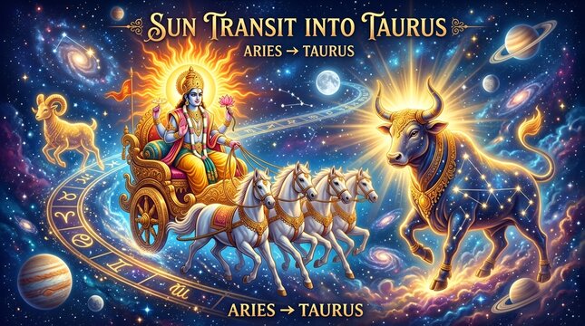 Vrishabha Sankranti &ndash; Sun Transit into Taurus, Sacred Bull Zodiac, Hindu Astrology Festival Art