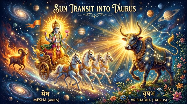 Vrishabha Sankranti &ndash; Sun Transit into Taurus, Sacred Bull Zodiac, Hindu Astrology Festival Art