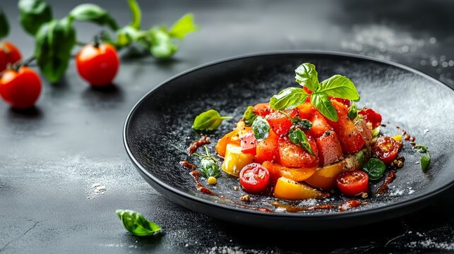 Fresh tomato salad with basil and herbs in gourmet plating