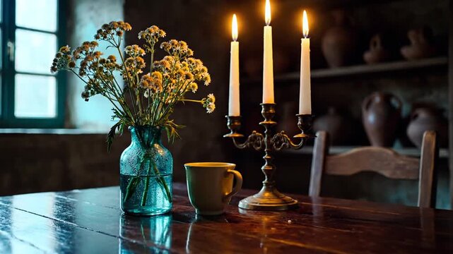 A warmly lit table setting with flowers, a mug, and candles indoors