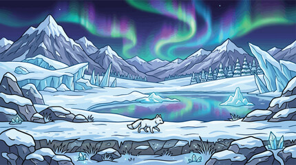 Arctic landscape with aurora borealis and white fox vector, northern lights over snowy mountains, winter wilderness scene with frozen lake © xantii