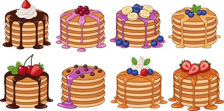 Pancake dessert vector illustration set featuring stacked pancakes with syrup and berries chocolate and fruit toppings in colorful flat cartoon style