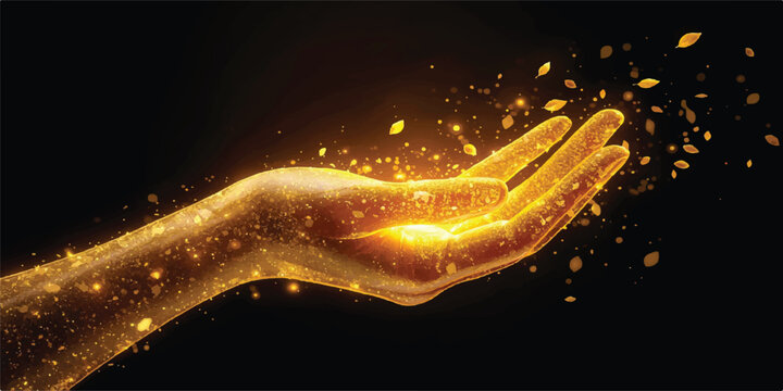 Abstract background illustration of glowing lines and particles with magic red fire sparks and orange energy light in black night space