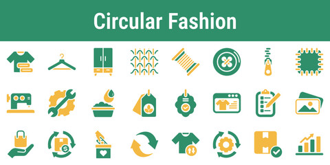 Fototapeta premium Focused icon set for textile repair resale rental sorting and material tracing Suitable for fashion apps sustainability dashboards textile systems and secondhand marketplaces