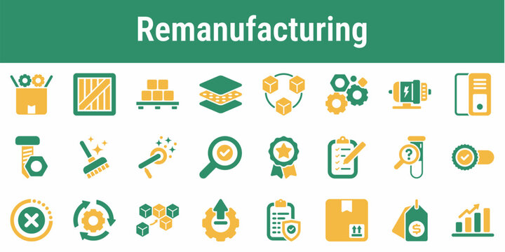 Relevant icon set for used product teardown part inspection refurbishment reassembly and resale Suitable for industrial dashboards repair systems workshop tools and circular manufacturing platforms