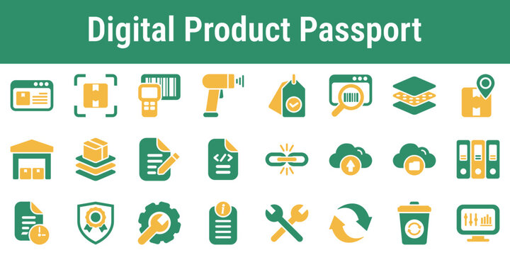 Focused icon set for traceability material data product identifiers and circular product records Suitable for compliance tools manufacturing apps supply chain systems and sustainability dashboards