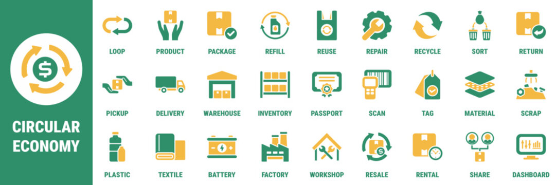 Commercial icon set for circular economy flows reuse repair recycling and material recovery Suitable for dashboards sustainability reports apps logistics interfaces and industrial platforms