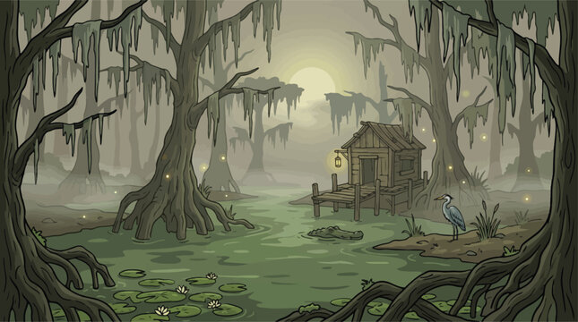 Spooky swamp landscape with wooden shack, misty bayou forest with cypress trees and hanging moss, eerie marshland background for games