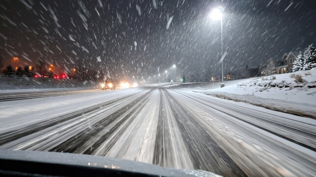 Driving during winter storm at night, viewing heavy snowfall on a cleared main road with cars' headlights approaching, creating challenging and low visibility conditions