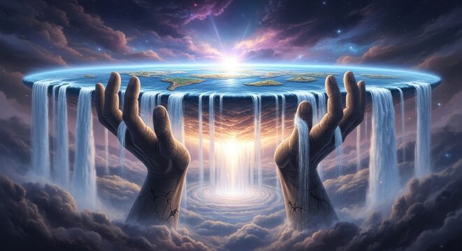 Flat Earth Held by Cosmic Hands with Cascading Waterfalls