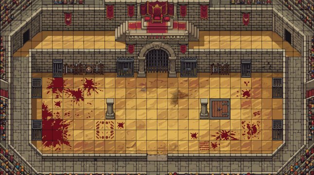 Pixel art gladiator arena battleground, medieval coliseum with blood splatters and royal throne, retro 16-bit fantasy RPG game background map