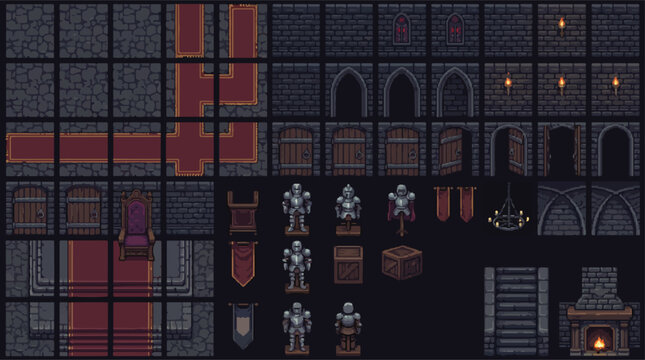 Pixel art castle interior tileset, medieval dungeon game assets with stone walls and red carpet, gothic throne room environment vector kit