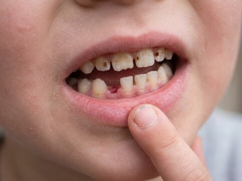 Child showing chipped front tooth with bleeding lower lip.