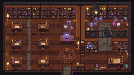 Pixel art magic library interior, fantasy wizard study with bookshelves and crystal ball, top-down RPG game environment background vector © xantii