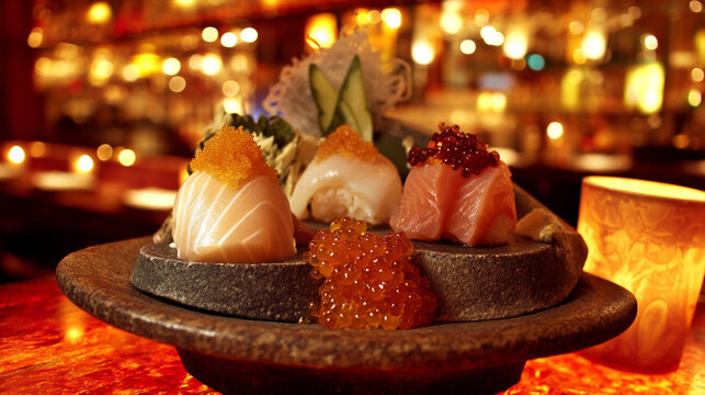 Close-up of assorted sushi pieces with salmon and ikura, served in a restaurant
