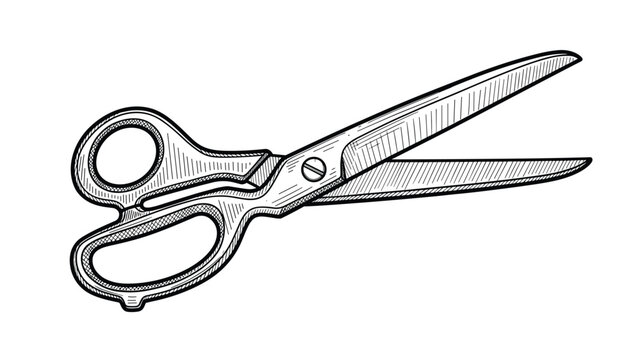 Detailed line art of a pair of professional scissors with textured handles and sharp blades for craft or sewing.