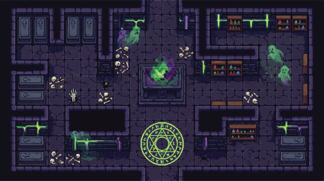 Pixel art dungeon game map, retro 8-bit spooky crypt with ghosts and skeletons, dark fantasy underground level design for indie games