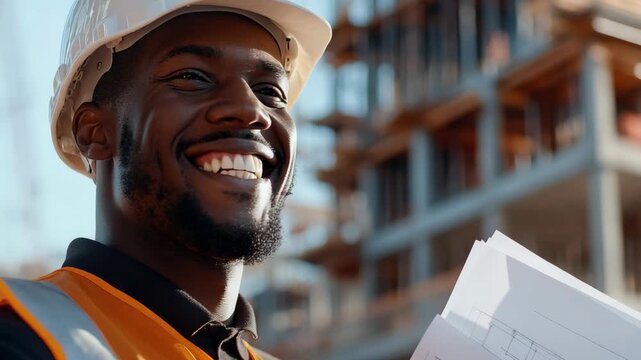A construction worker stands on a building site, holding blueprints and smiling. The sun shines bright, showing the work in progress and the urban landscape behind him