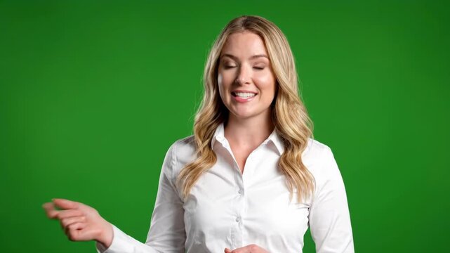 Professional Blonde Business Woman Presenting With Hand Gestures Against A Green Screen Background For Corporate Virtual Communication And Video Presentation Projects