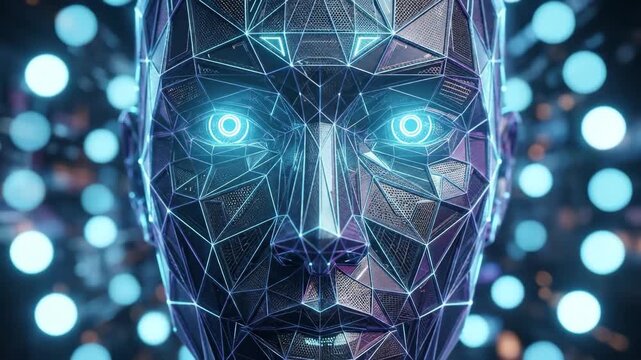 A digital human face built from geometric mesh, angular features, glowing accents, deep background, visionary tech atmosphere, ultra-realistic, no logos.