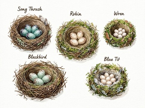 Illustration of five bird nests, each containing different eggs, showcasing various bird species