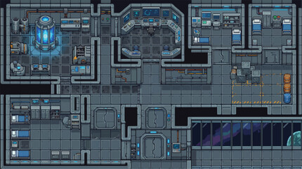 Pixel art spaceship interior map, futuristic sci-fi laboratory and command center, 2D top-down game level design with reactor and crew quarters © xantii