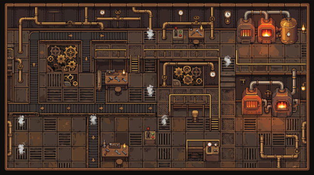 Steampunk pixel art factory interior, retro industrial workshop with gears and pipes, vintage boiler room game level background vector