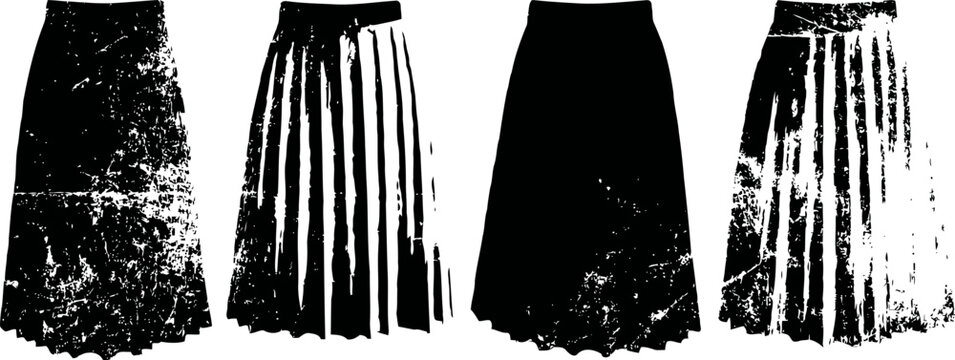 Vintage skirt silhouettes set with textured worn grunge for fashion design and retro illustration