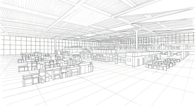 Sketch of a modern office interior with workstations and meeting areas.
