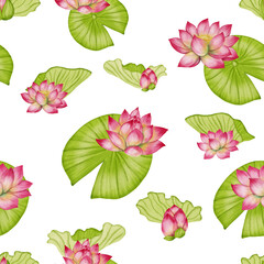 Fototapeta premium Lotus flower seamless pattern. An illustration of a pink water lily hand painted. Ideal for textiles, wallpaper, romantic decor, cosmetics, and medical products.